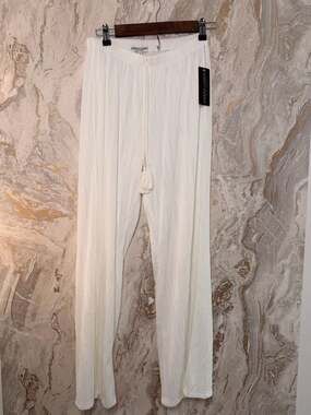 Sabrina Lauren New York Women's White Plisse Wide Leg Trousers with Tassel Draws